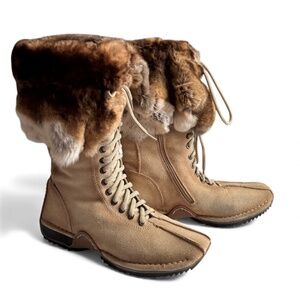 Natural Fur + Shearling-Lined Winter Boots – Tan Suede Lace-Up & Zipper